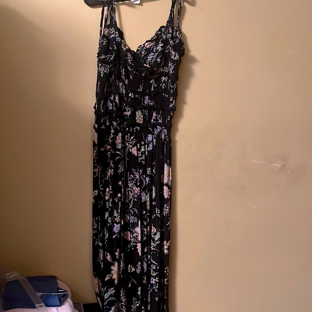 Free people, black floral tank, dress tie straps, elastic bodice & flare bottom